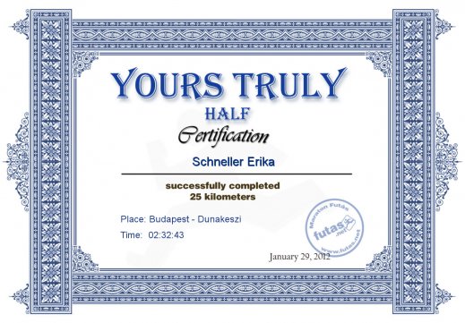 Yours Truly Hungary futás oklevél Schneller Erika futónak