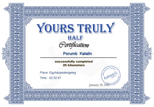 Yours Truly Hungary futás oklevél Porumb  Katalin futónak