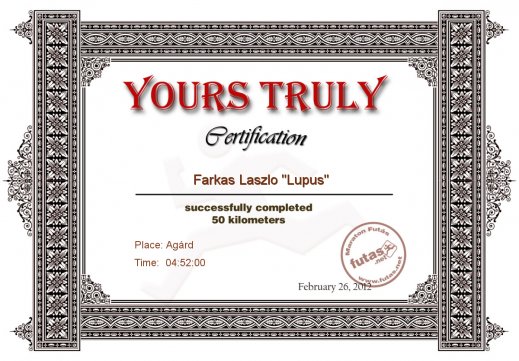 Yours Truly Hungary futás oklevél Farkas Laszlo 