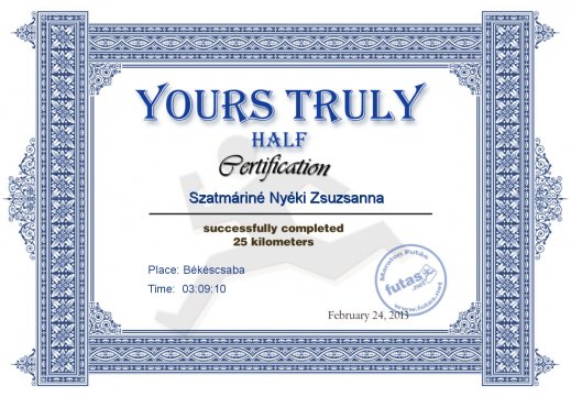 Yours Truly Hungary futás oklevél Szatmáriné Nyéki Zsuzsanna futónak