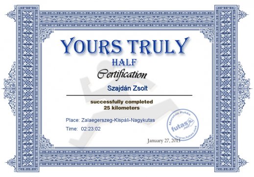 Yours Truly Hungary futás oklevél Szajdán Zsolt futónak