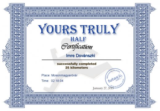 Yours Truly Hungary futás oklevél Imre Dovánszki futónak