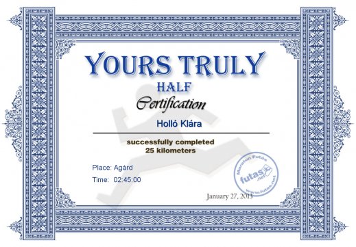 Yours Truly Hungary futás oklevél Holló Klára futónak