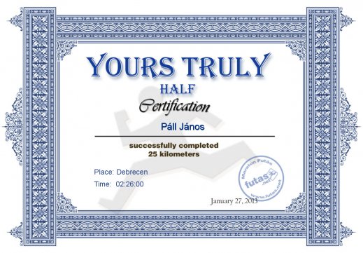 Yours Truly Hungary futás oklevél Páll János futónak