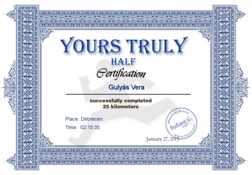 Yours Truly Hungary futás oklevél Gulyás Vera futónak