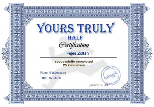 Yours Truly Hungary futás oklevél Fejes Zoltán futónak