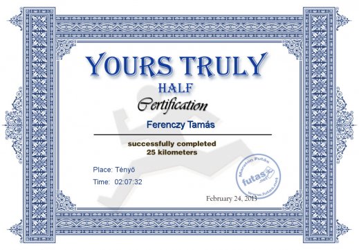 Yours Truly Hungary futás oklevél Ferenczy Tamás futónak