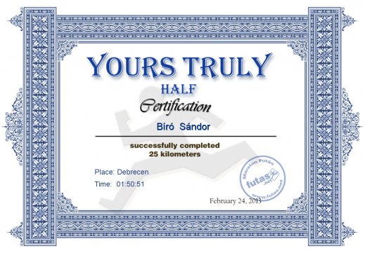 Yours Truly Hungary futás oklevél Bíró  Sándor futónak
