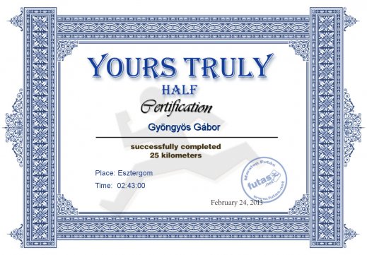 Yours Truly Hungary futás oklevél Gyöngyös Gábor futónak
