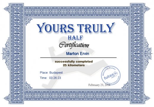 Yours Truly Hungary futás oklevél Marton Ervin futónak