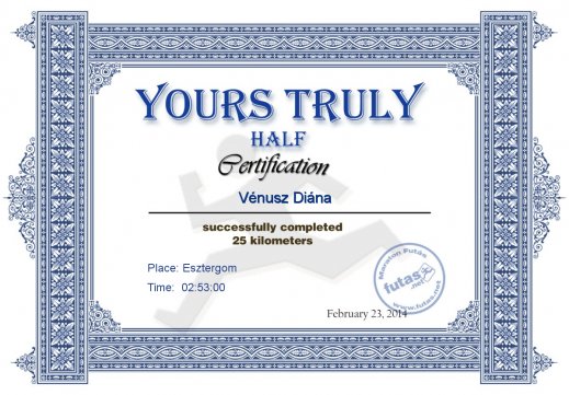 Yours Truly Hungary futás oklevél Vénusz Diána futónak