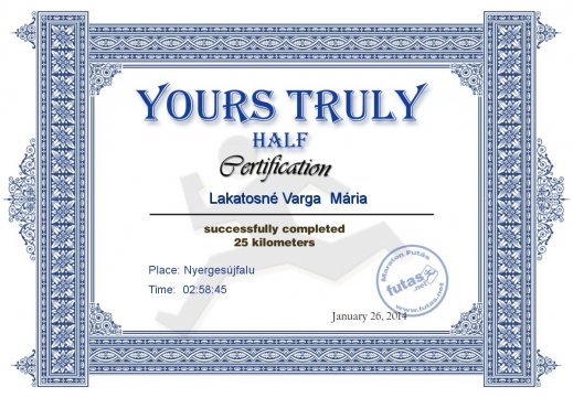 Yours Truly Hungary futás oklevél Lakatosné Varga  Mária futónak