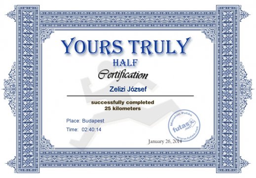 Yours Truly Hungary futás oklevél Zelizi József futónak