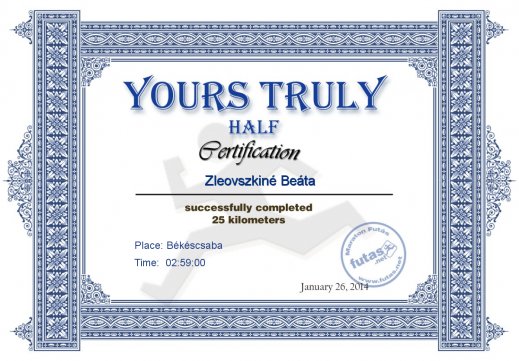 Yours Truly Hungary futás oklevél Zleovszkiné Beáta futónak