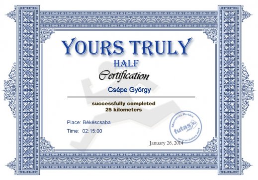 Yours Truly Hungary futás oklevél Csépe György futónak
