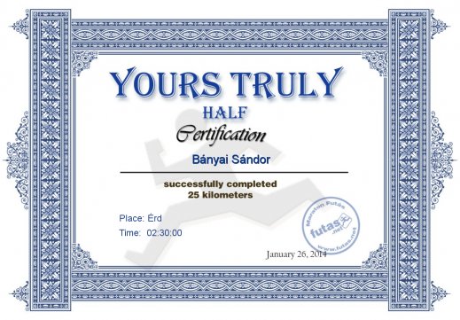 Yours Truly Hungary futás oklevél Bányai Sándor futónak