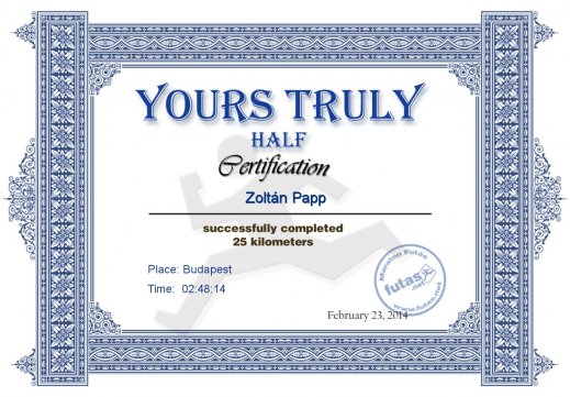 Yours Truly Hungary futás oklevél Zoltán Papp futónak