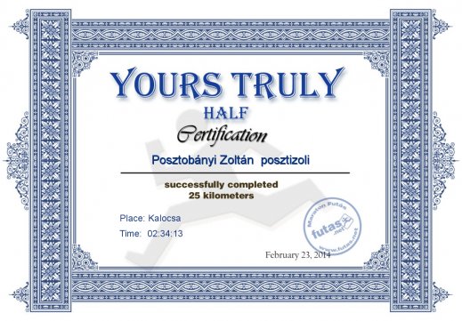 Yours Truly Hungary futás oklevél Posztobányi Zoltán  posztizoli  futónak