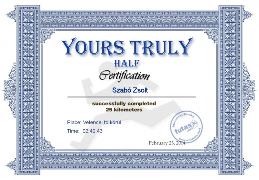 Yours Truly Hungary futás oklevél Szabó Zsolt futónak