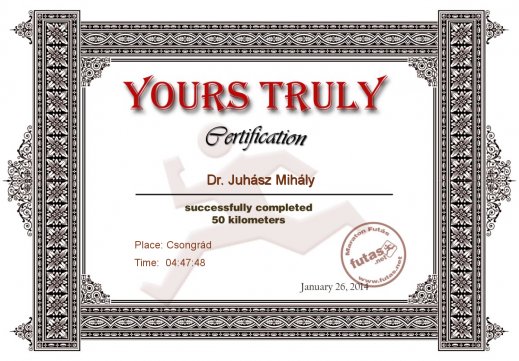 Yours Truly Hungary futás oklevél Dr. Juhász Mihály futónak