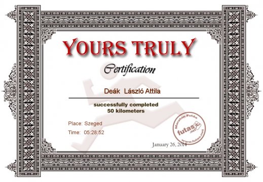 Yours Truly Hungary futás oklevél Deák  László Attila futónak