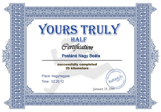 Yours Truly Hungary futás oklevél Postáné Nagy Beáta futónak