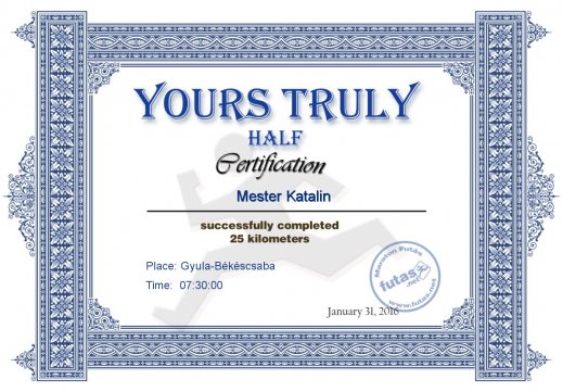 Yours Truly Hungary futás oklevél Mester Katalin futónak