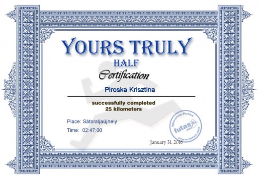 Yours Truly Hungary futás oklevél Piroska Krisztina futónak