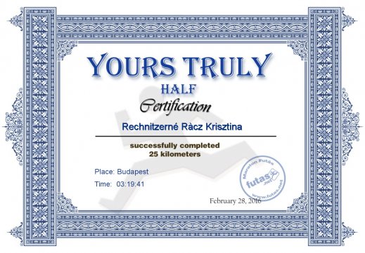 Yours Truly Hungary futás oklevél Rechnitzerné Ràcz Krisztina  futónak