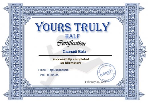 Yours Truly Hungary futás oklevél Csanádi Béla futónak