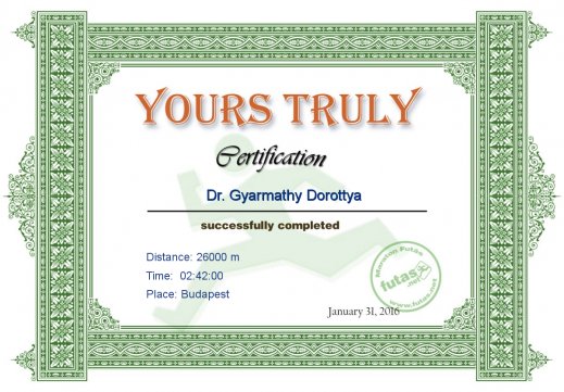 Yours Truly Hungary futás oklevél Dr. Gyarmathy Dorottya futónak