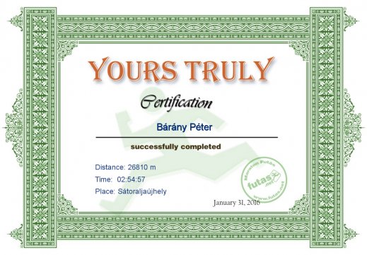 Yours Truly Hungary futás oklevél Bárány Péter futónak