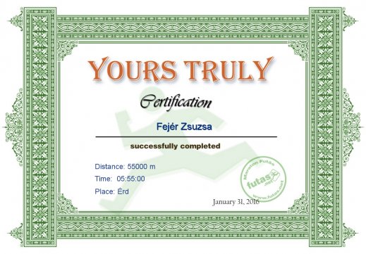 Yours Truly Hungary futás oklevél Fejér Zsuzsa futónak