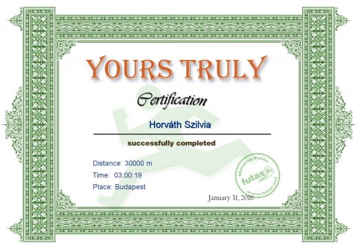 Yours Truly Hungary futás oklevél Horváth Szilvia futónak