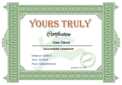 Yours Truly Hungary futás oklevél Vízer Dániel futónak