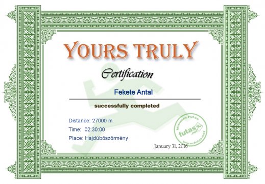 Yours Truly Hungary futás oklevél Fekete Antal futónak