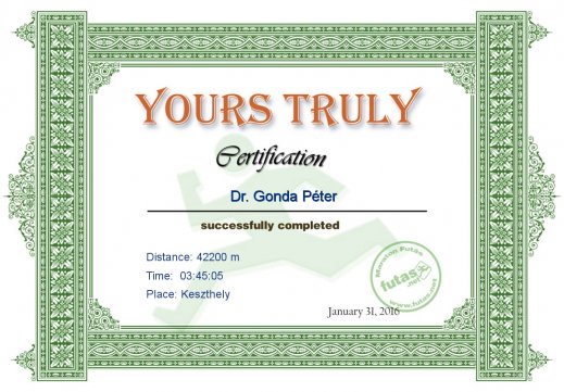 Yours Truly Hungary futás oklevél Dr. Gonda Péter futónak