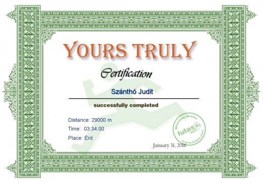 Yours Truly Hungary futás oklevél Szánthó Judit futónak