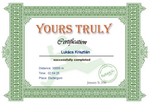 Yours Truly Hungary futás oklevél Lukács Krisztián futónak