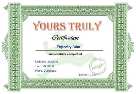 Yours Truly Hungary futás oklevél Fejérváry Dóra futónak