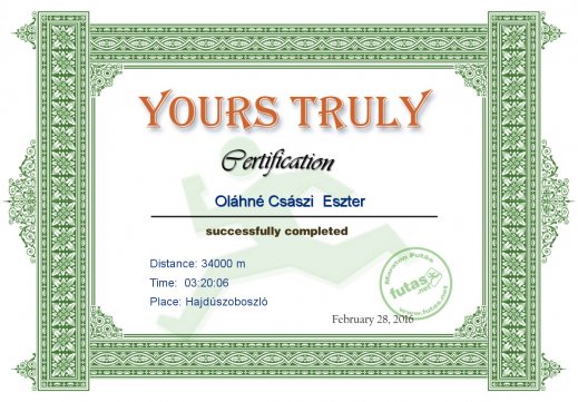 Yours Truly Hungary futás oklevél Oláhné Császi  Eszter futónak