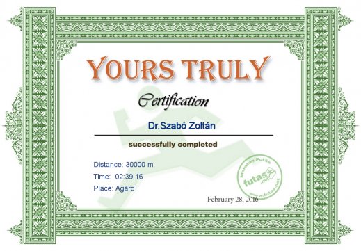 Yours Truly Hungary futás oklevél Dr.Szabó Zoltán futónak