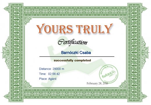 Yours Truly Hungary futás oklevél Barnóczki Csaba futónak