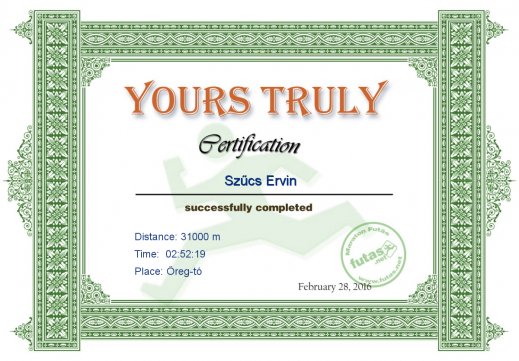 Yours Truly Hungary futás oklevél Szűcs Ervin futónak