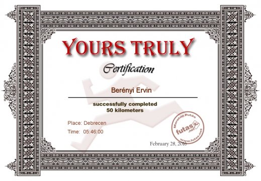 Yours Truly Hungary futás oklevél Berényi Ervin futónak