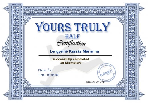 Yours Truly Hungary futás oklevél Lengyelné Kaszás Marianna futónak
