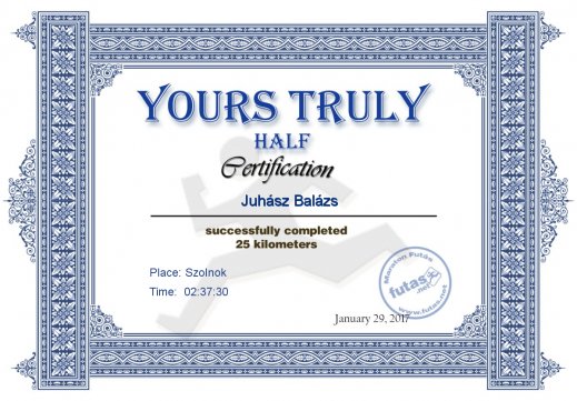 Yours Truly Hungary futás oklevél Juhász Balázs futónak