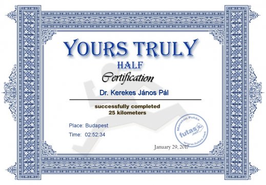 Yours Truly Hungary futás oklevél Dr. Kerekes János Pál futónak