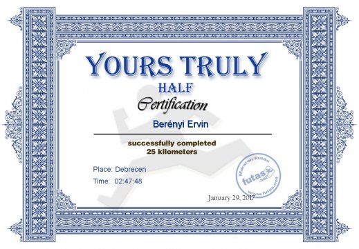 Yours Truly Hungary futás oklevél Berényi Ervin futónak