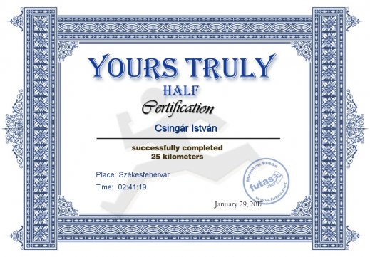 Yours Truly Hungary futás oklevél Csingár István futónak